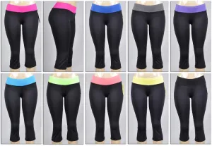 women's boot cut athletic capri yoga pants - black w/ colored waist bands Case of 72