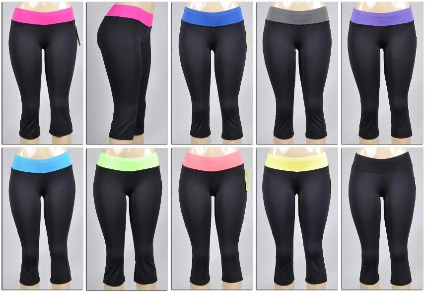 women's boot cut athletic capri yoga pants - black w/ colored waist bands Case of 72