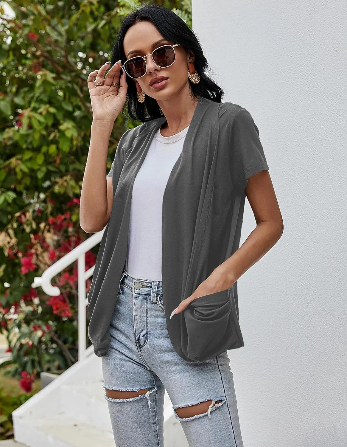 Women's Cardigans Short Sleeve Summer Lightweight Sheer Open Front Drape Casual Blouses Tops