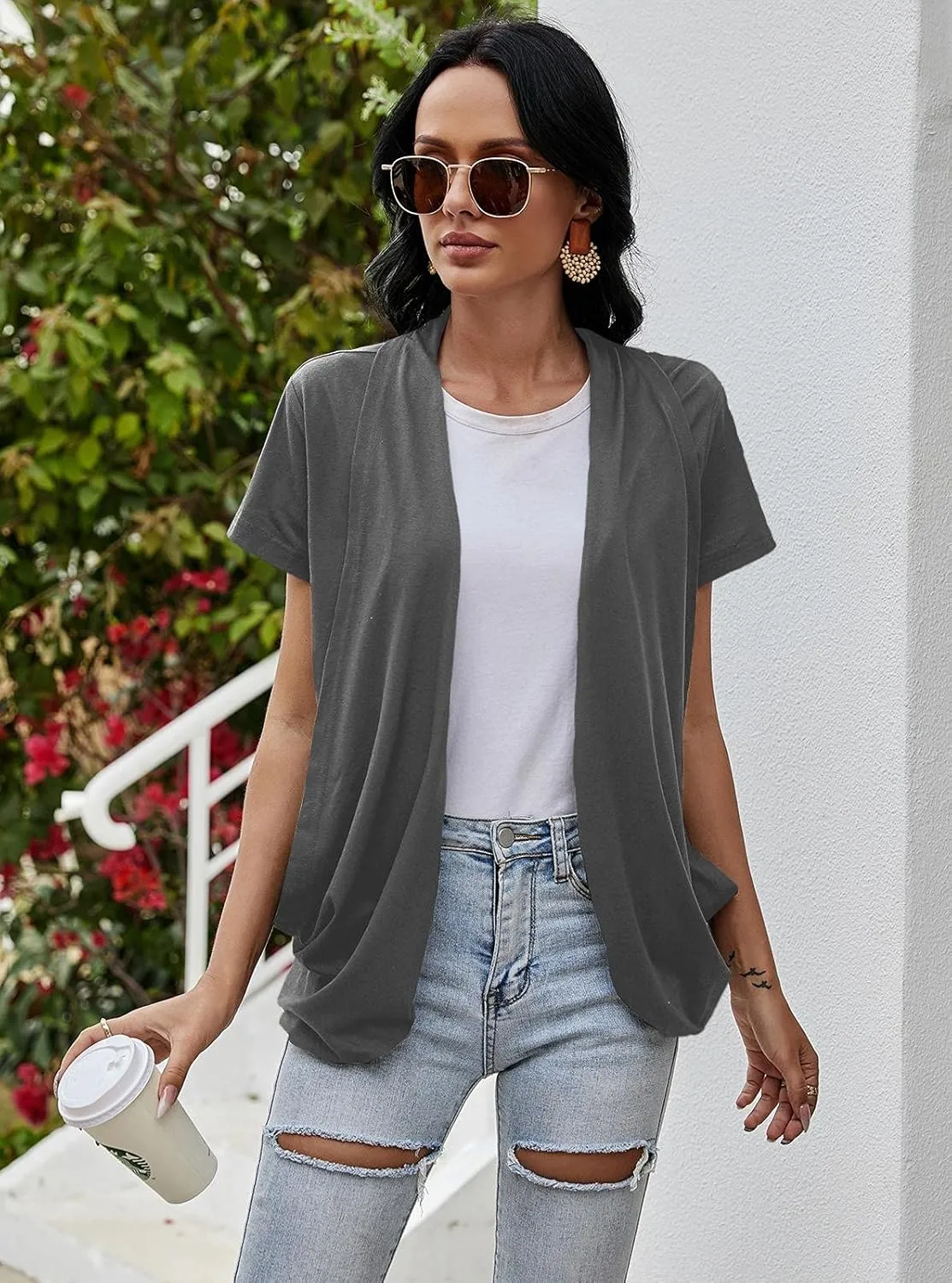 Women's Cardigans Short Sleeve Summer Lightweight Sheer Open Front Drape Casual Blouses Tops