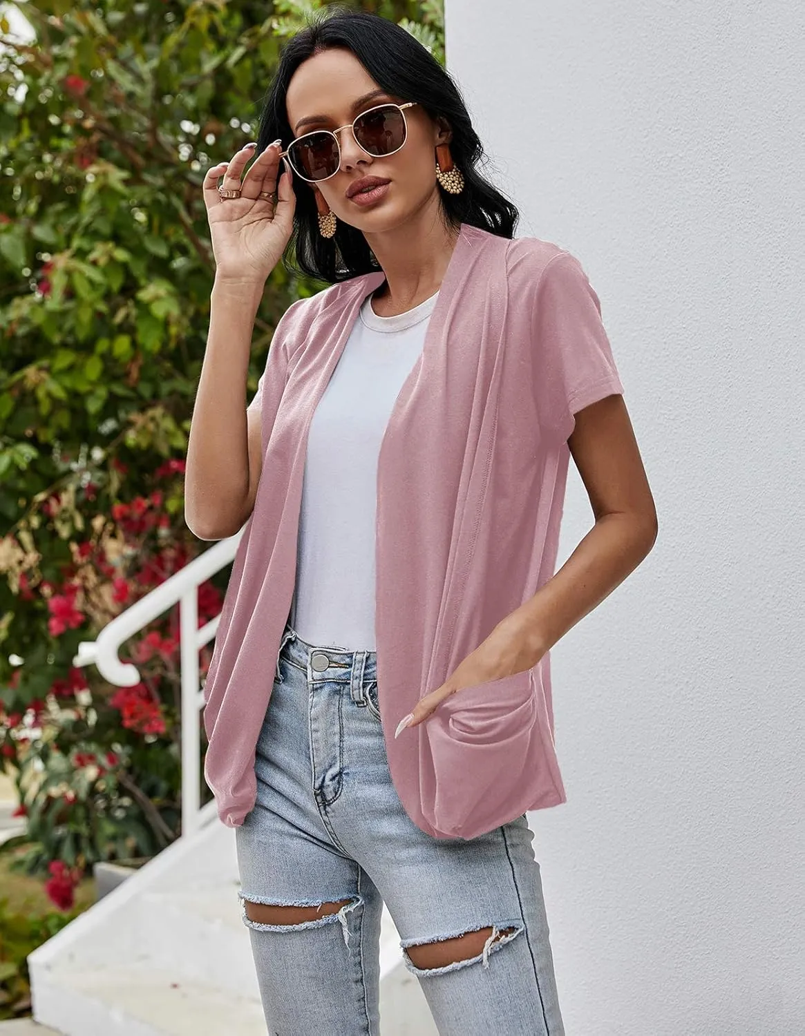 Women's Cardigans Short Sleeve Summer Lightweight Sheer Open Front Drape Casual Blouses Tops