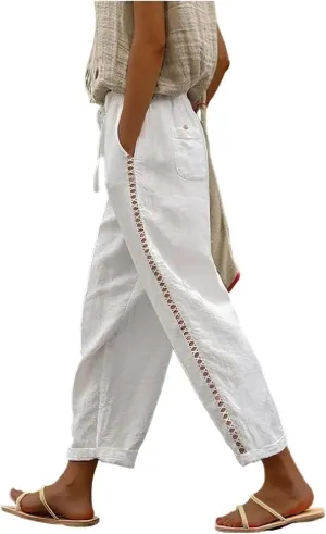 Womens Linen Pants Summer Plus Size Casual Cotton Linen Pants Drawstring Elastic Waist Cropped Trouser with Pockets