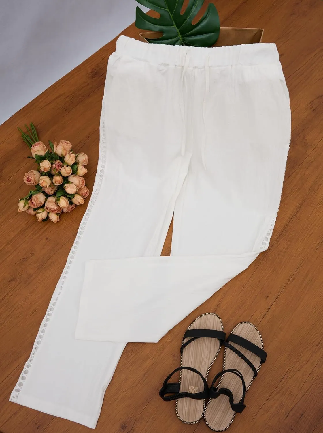 Womens Linen Pants Summer Plus Size Casual Cotton Linen Pants Drawstring Elastic Waist Cropped Trouser with Pockets