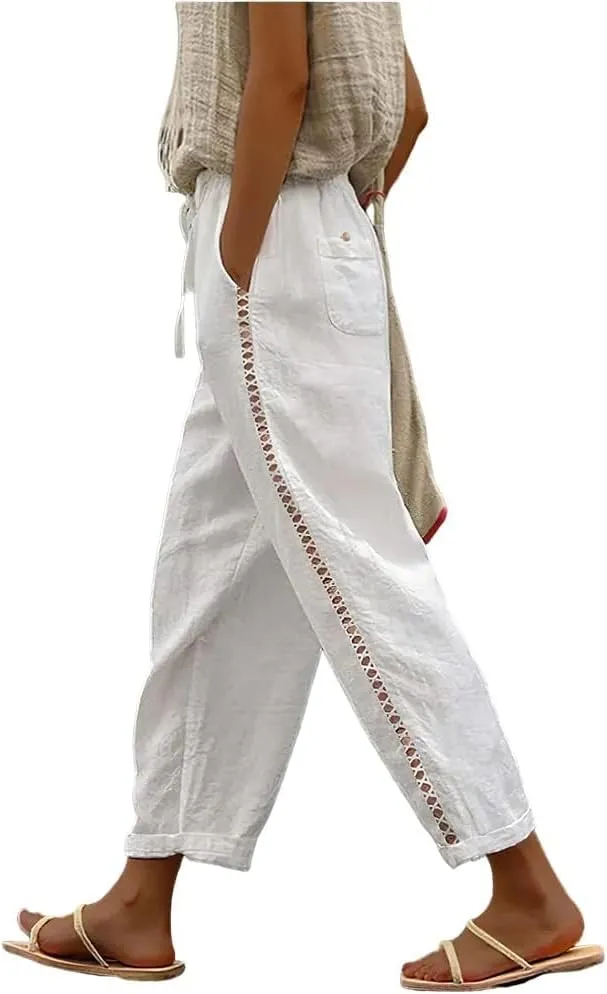 Womens Linen Pants Summer Plus Size Casual Cotton Linen Pants Drawstring Elastic Waist Cropped Trouser with Pockets