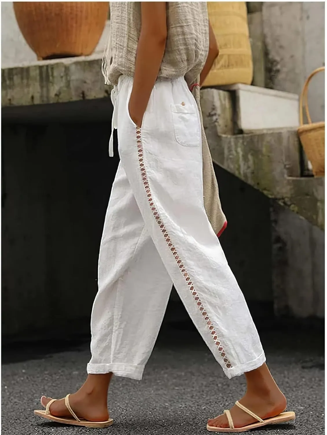 Womens Linen Pants Summer Plus Size Casual Cotton Linen Pants Drawstring Elastic Waist Cropped Trouser with Pockets