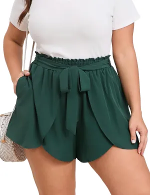 Womens Plus Size Paperbag Shorts Dressy Summer Elastic Waist Petal Wide Leg Flowy Comfy Lounge Shorts