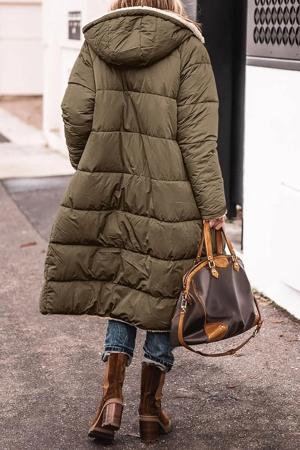 Women's Winter Hooded Quilted Coat Fleece Lined Long Puffer Jacket Winter Fashion Warm Reversible Zip Up Padded Coat