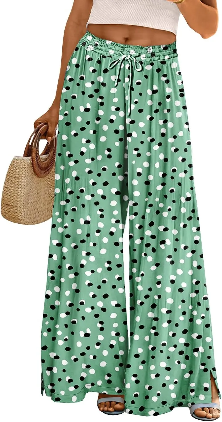 YESNO Women Summer Boho Palazzo Pants High Waist Wide Leg Floral Casual Cotton Lounge Trousers with Pockets PP0
