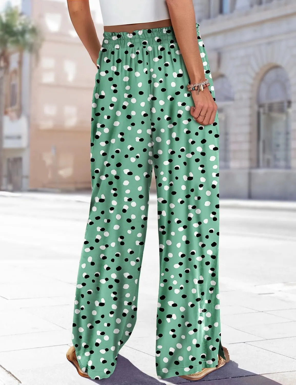 YESNO Women Summer Boho Palazzo Pants High Waist Wide Leg Floral Casual Cotton Lounge Trousers with Pockets PP0