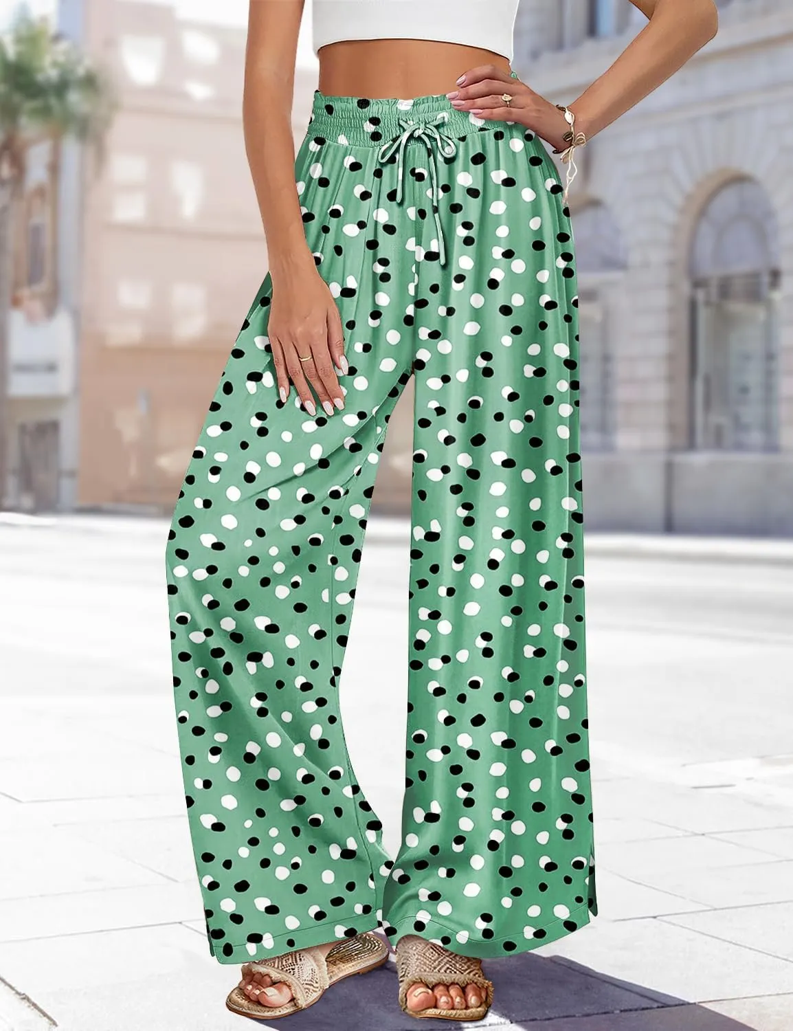 YESNO Women Summer Boho Palazzo Pants High Waist Wide Leg Floral Casual Cotton Lounge Trousers with Pockets PP0