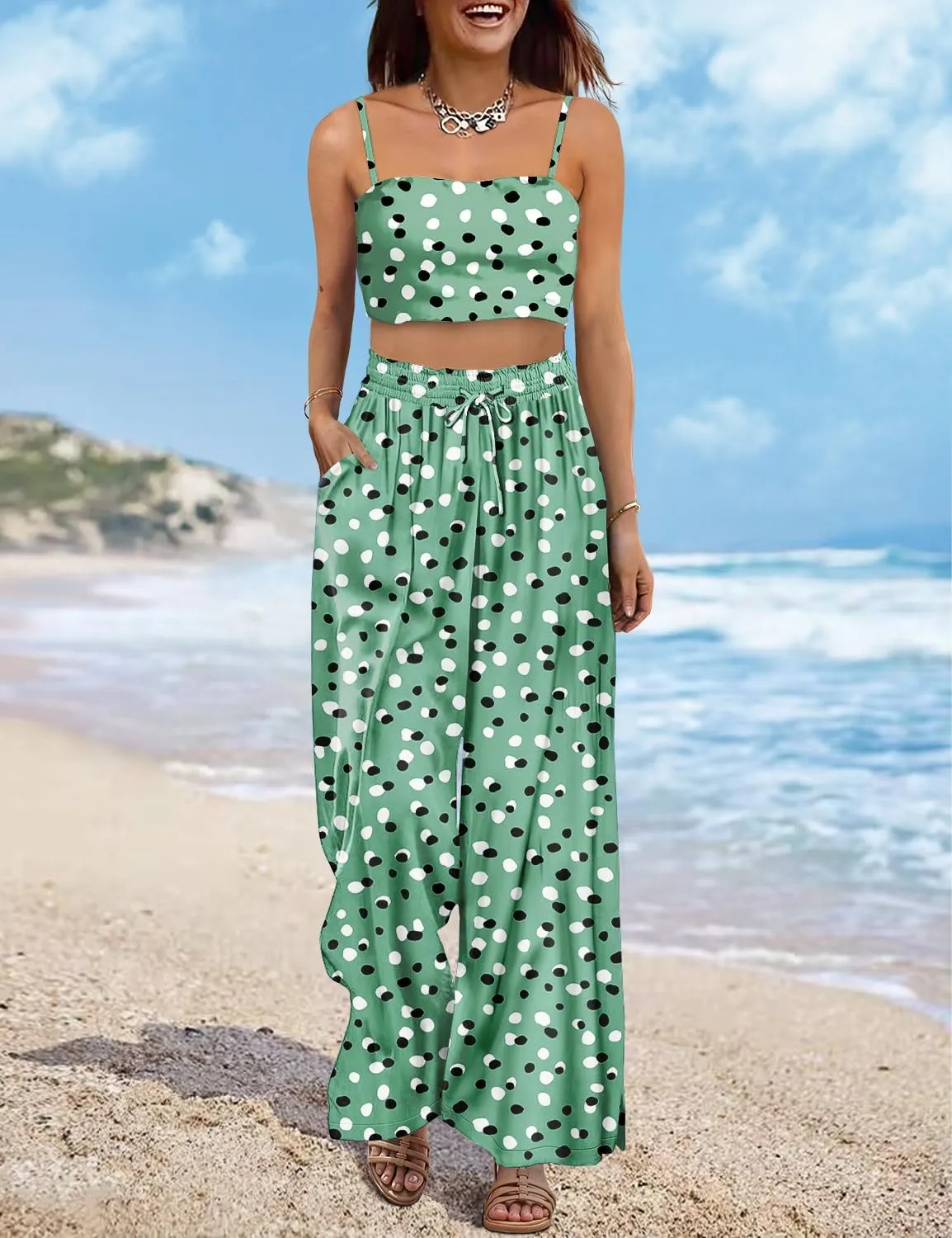 YESNO Women Summer Boho Palazzo Pants High Waist Wide Leg Floral Casual Cotton Lounge Trousers with Pockets PP0