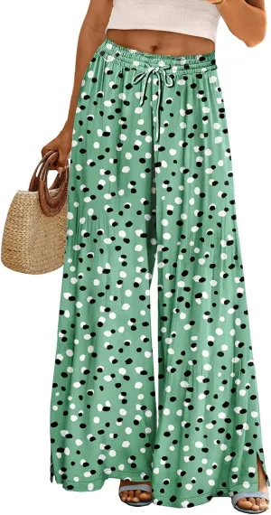 YESNO Women Summer Boho Palazzo Pants High Waist Wide Leg Floral Casual Cotton Lounge Trousers with Pockets PP0