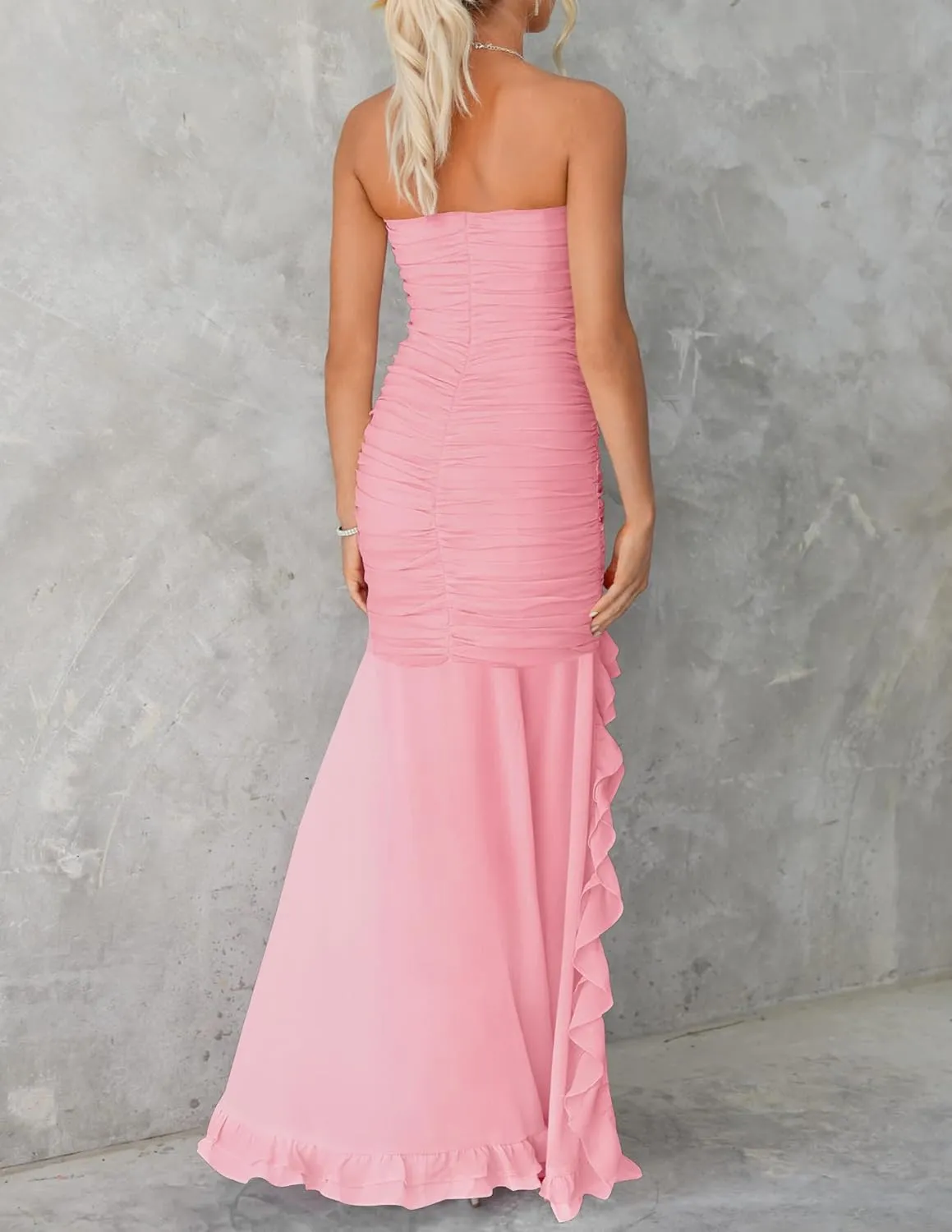 ZESICA Womens Strapless Bodycon Maxi Dresses Summer Off Shoulder Sleeveless Ruched Cocktail Party Long Dresses
