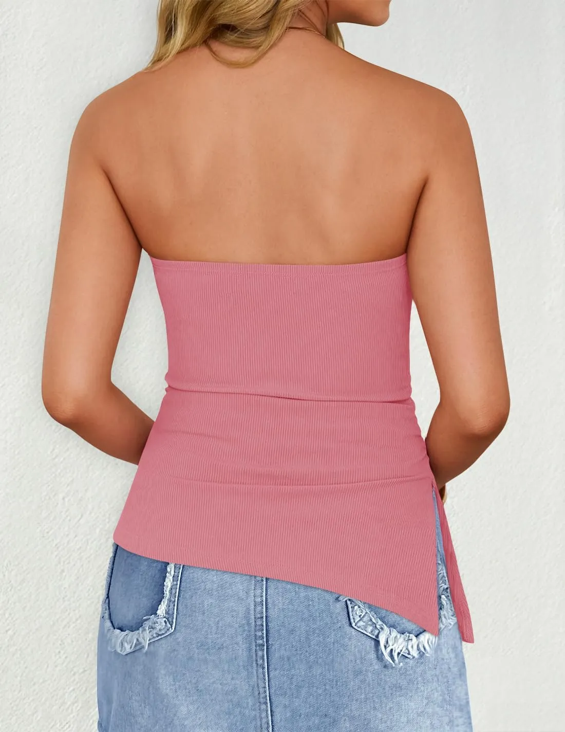 ZESICA Womens Tube Top 2025 Summer Going Out Strapless Backless Ruched Trendy Tops Asymmetrical Bandeau Outfits
