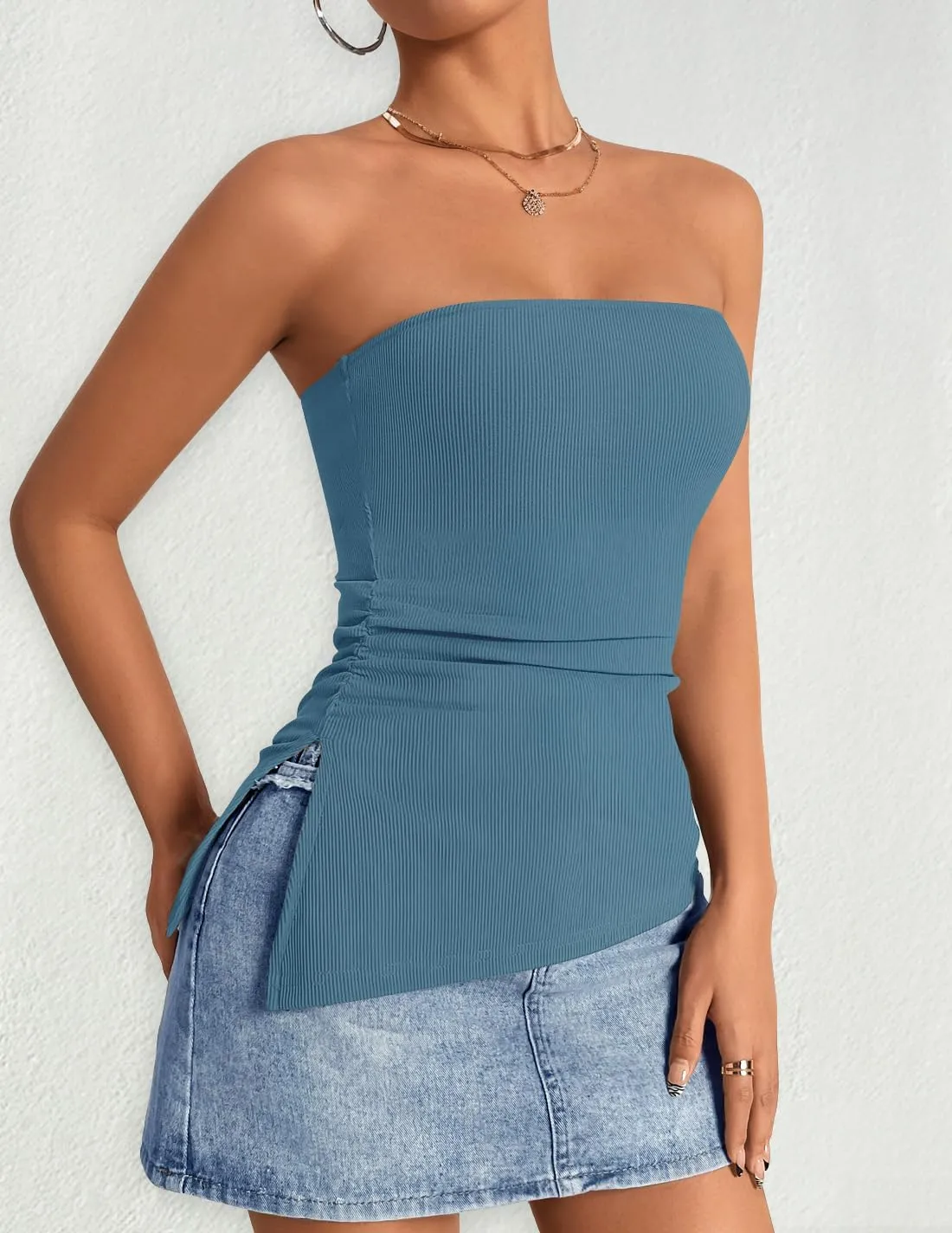 ZESICA Womens Tube Top 2025 Summer Going Out Strapless Backless Ruched Trendy Tops Asymmetrical Bandeau Outfits