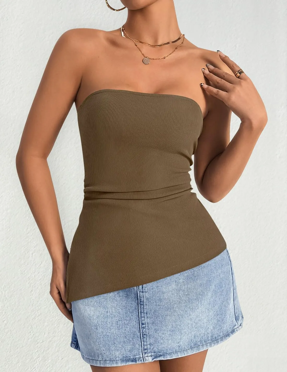 ZESICA Womens Tube Top 2025 Summer Going Out Strapless Backless Ruched Trendy Tops Asymmetrical Bandeau Outfits