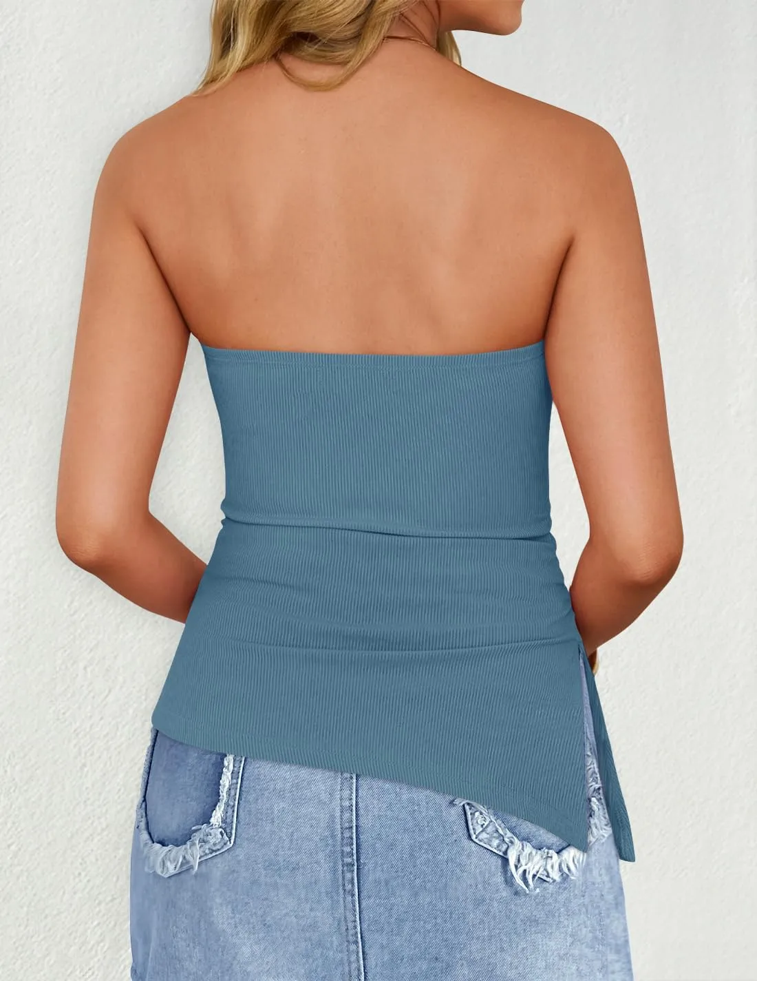 ZESICA Womens Tube Top 2025 Summer Going Out Strapless Backless Ruched Trendy Tops Asymmetrical Bandeau Outfits