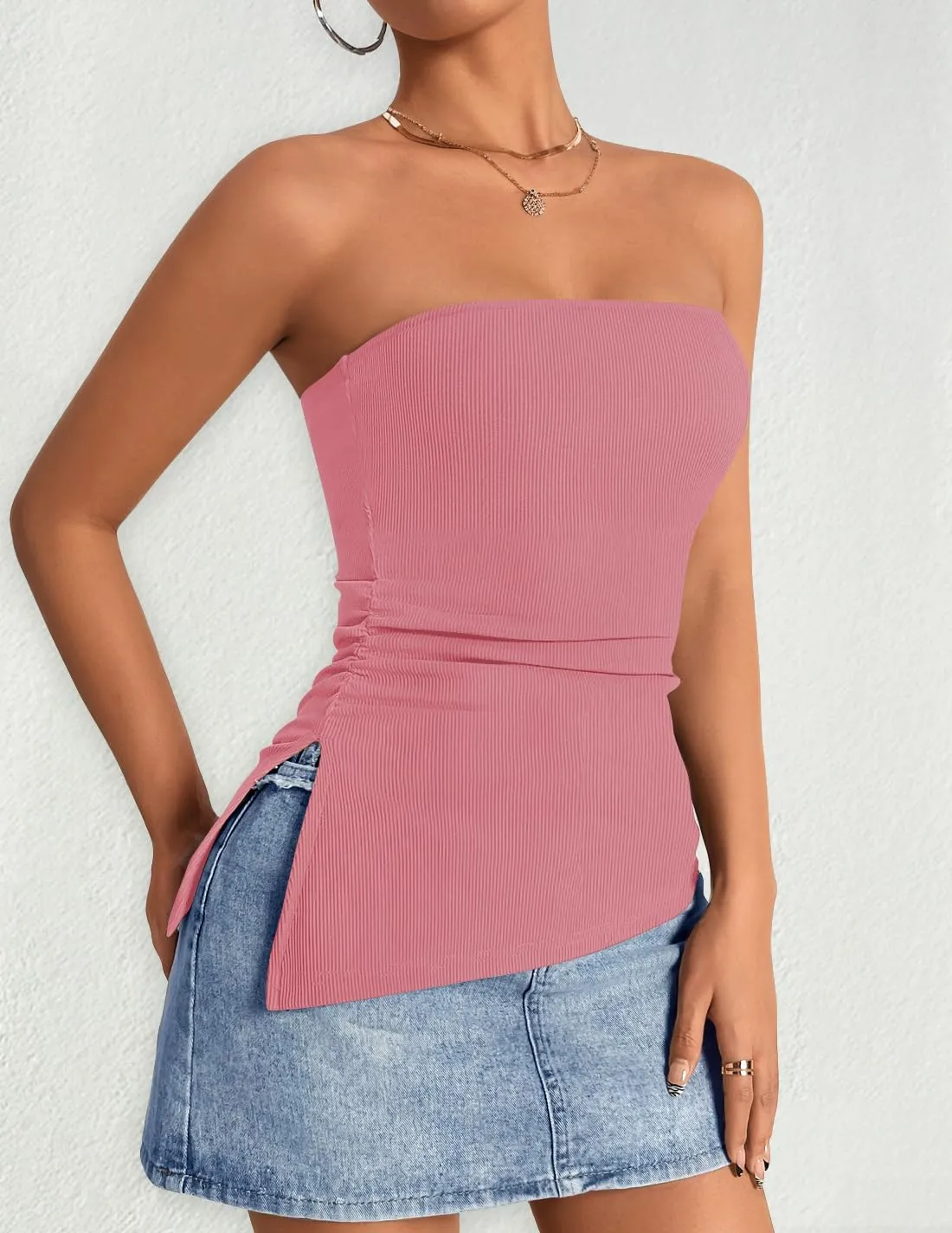 ZESICA Womens Tube Top 2025 Summer Going Out Strapless Backless Ruched Trendy Tops Asymmetrical Bandeau Outfits