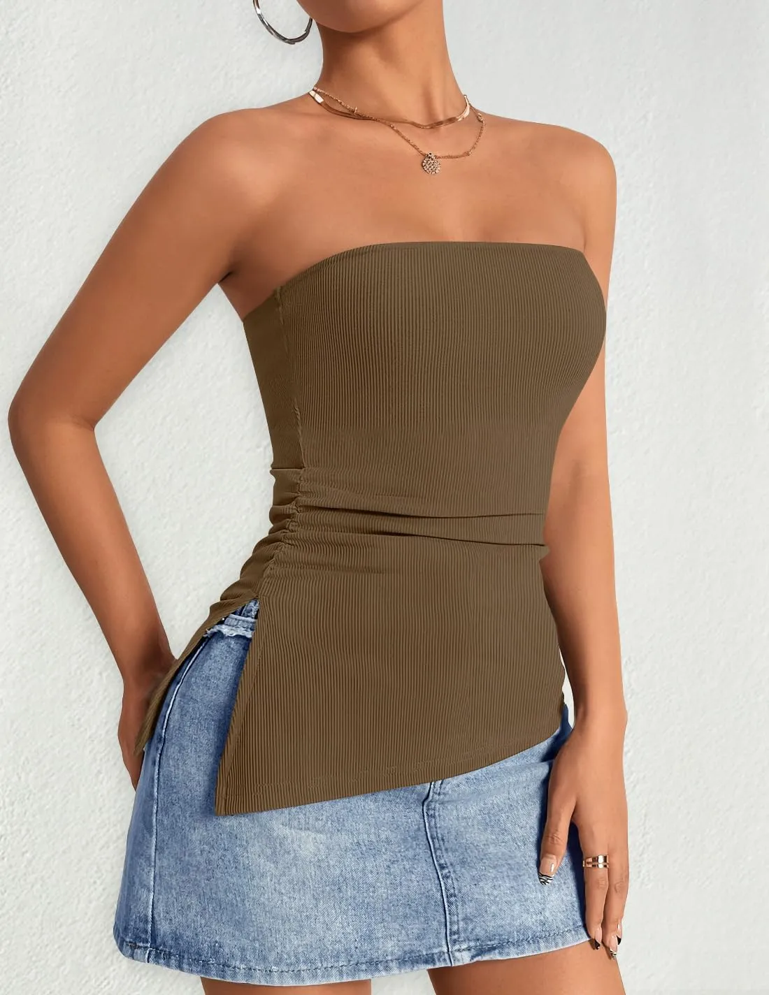 ZESICA Womens Tube Top 2025 Summer Going Out Strapless Backless Ruched Trendy Tops Asymmetrical Bandeau Outfits