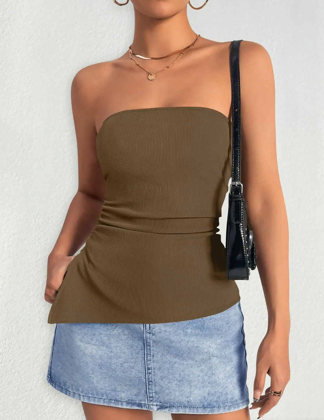 ZESICA Womens Tube Top 2025 Summer Going Out Strapless Backless Ruched Trendy Tops Asymmetrical Bandeau Outfits