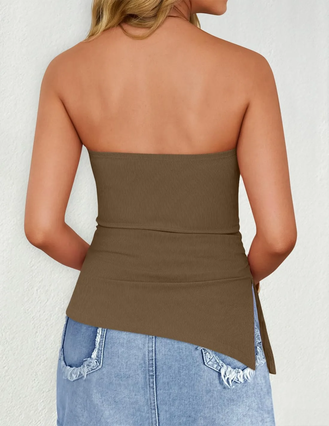 ZESICA Womens Tube Top 2025 Summer Going Out Strapless Backless Ruched Trendy Tops Asymmetrical Bandeau Outfits