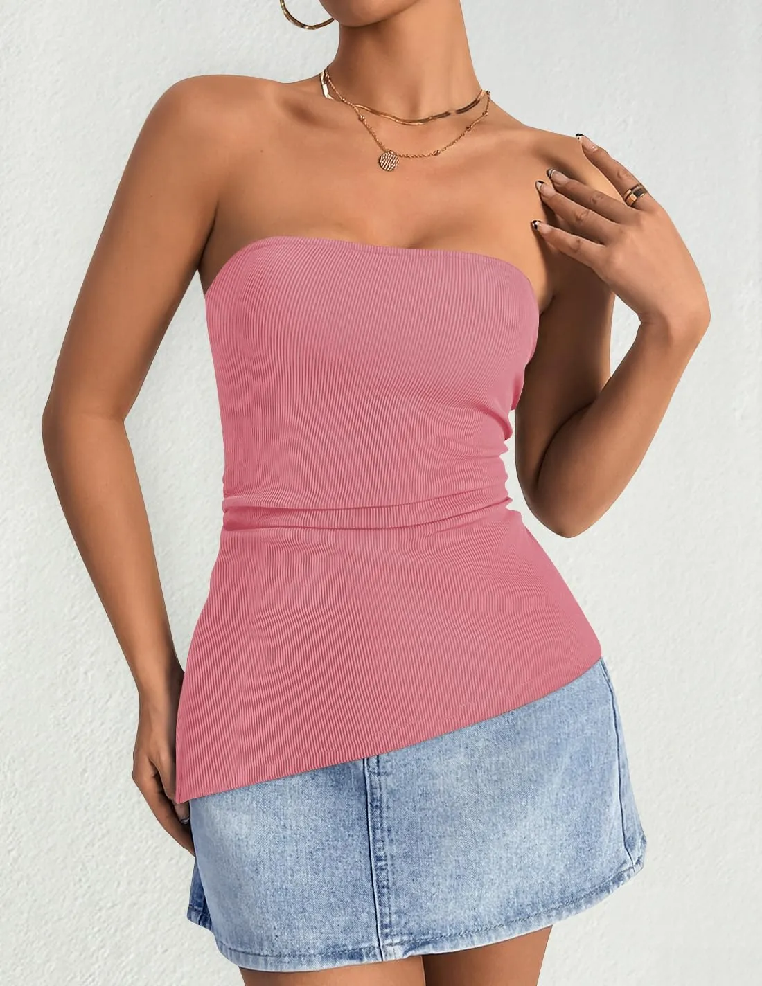 ZESICA Womens Tube Top 2025 Summer Going Out Strapless Backless Ruched Trendy Tops Asymmetrical Bandeau Outfits